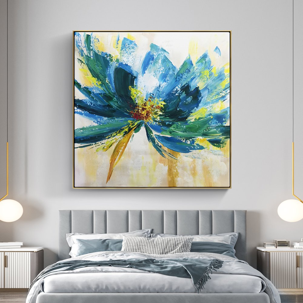 Vibrant Blue Floral Abstract Oil Painting for Home Decor and Art Collectors