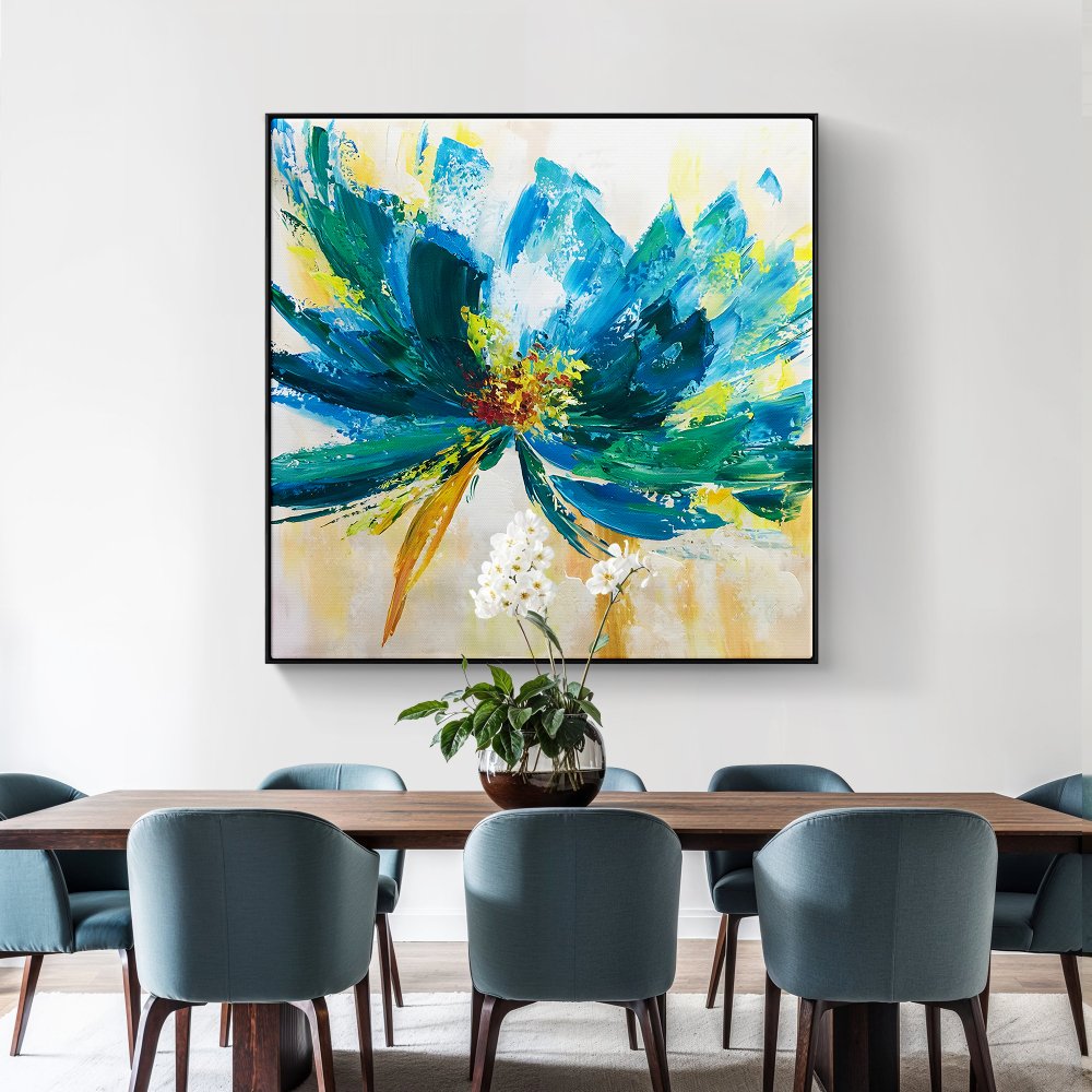 Vibrant Blue Floral Abstract Oil Painting for Home Decor and Art Collectors