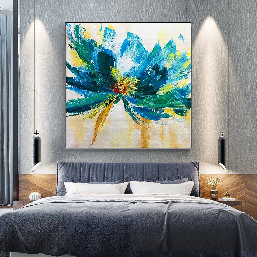 Vibrant Blue Floral Abstract Oil Painting for Home Decor and Art Collectors