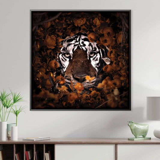 Majestic Tiger Surrounded by Vibrant Floral Jungle Oil Painting for Home Decor