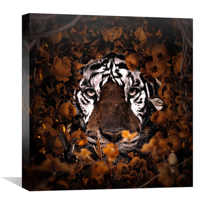 Majestic Tiger Surrounded by Vibrant Floral Jungle Oil Painting for Home Decor