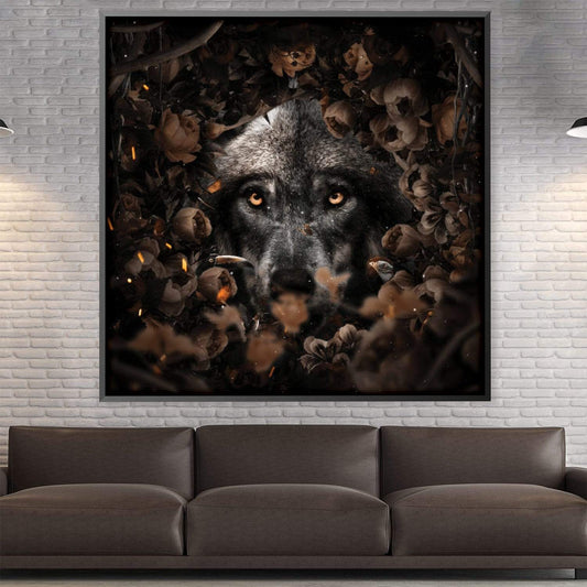 Majestic Wolf Among Enchanted Floral Canvas Art - Dark Nature Inspired Painting