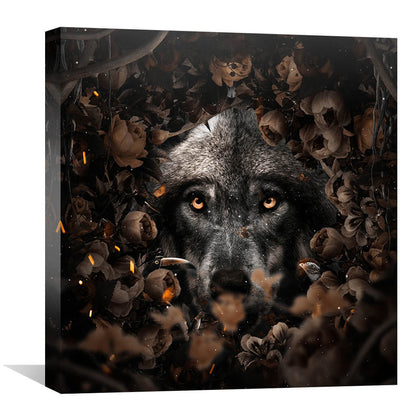 Majestic Wolf Among Enchanted Floral Canvas Art - Dark Nature Inspired Painting