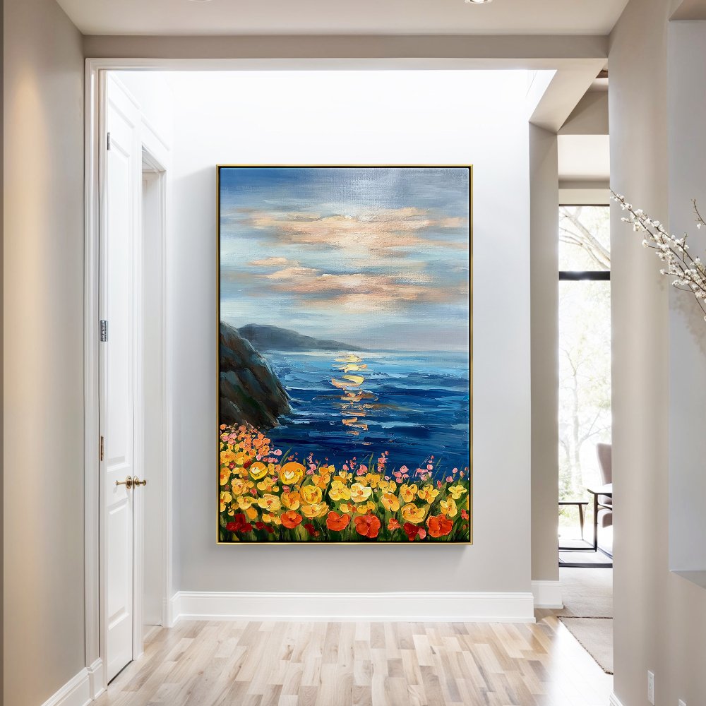 Vibrant Coastal Sunset with Colorful Floral Display in Oil Painting