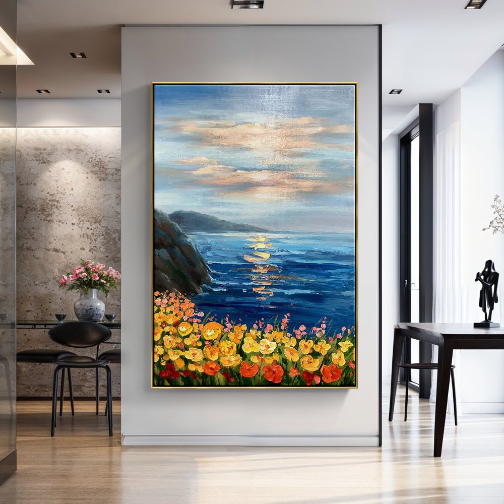 Vibrant Coastal Sunset with Colorful Floral Display in Oil Painting
