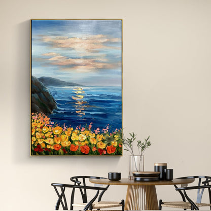 Vibrant Coastal Sunset with Colorful Floral Display in Oil Painting
