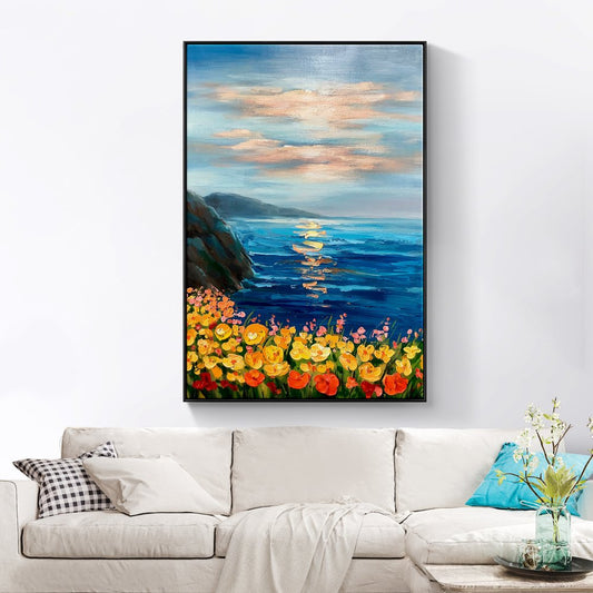 Vibrant Coastal Sunset with Colorful Floral Display in Oil Painting