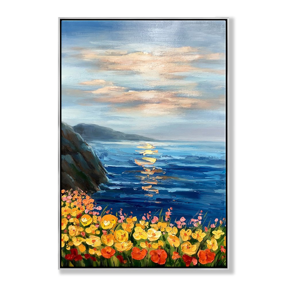 Vibrant Coastal Sunset with Colorful Floral Display in Oil Painting