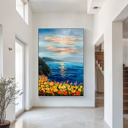 Vibrant Coastal Sunset with Colorful Floral Display in Oil Painting