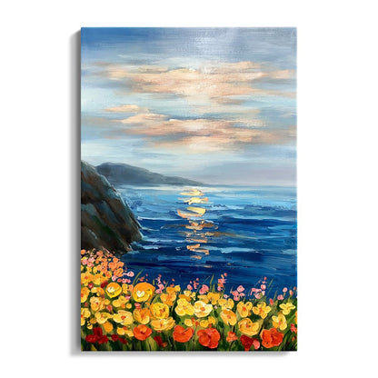 Vibrant Coastal Sunset with Colorful Floral Display in Oil Painting
