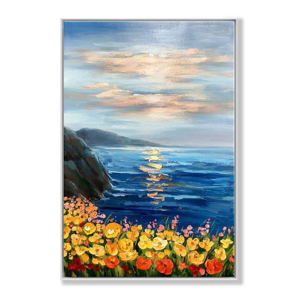 Vibrant Coastal Sunset with Colorful Floral Display in Oil Painting