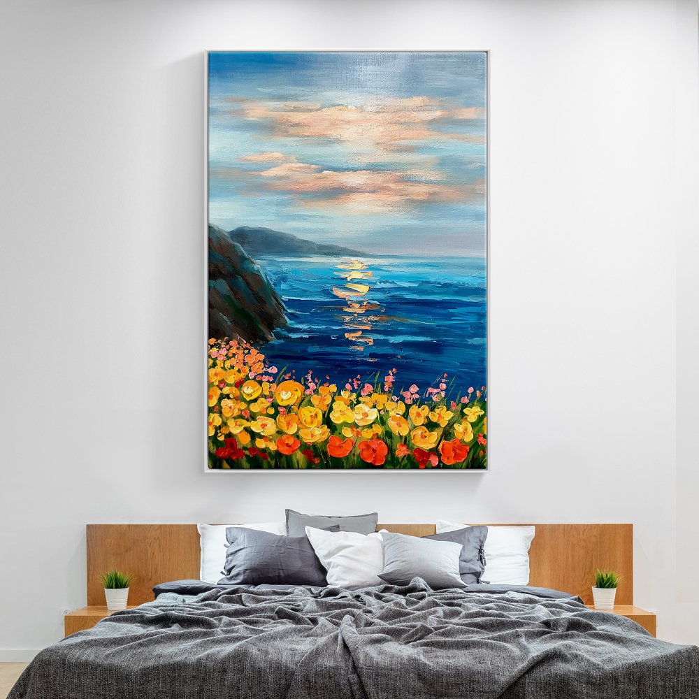 Vibrant Coastal Sunset with Colorful Floral Display in Oil Painting