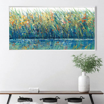 Vibrant Floral Landscape Oil Painting with Reflections in Tranquil Waters