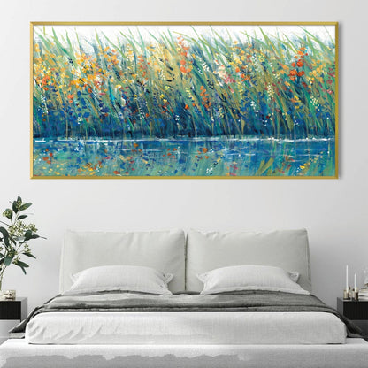 Vibrant Floral Landscape Oil Painting with Reflections in Tranquil Waters