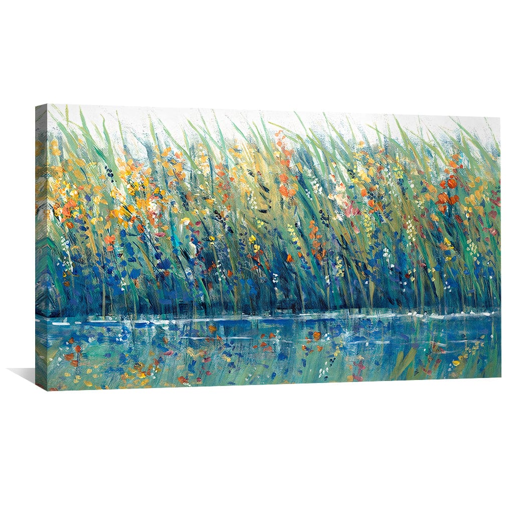 Vibrant Floral Landscape Oil Painting with Reflections in Tranquil Waters