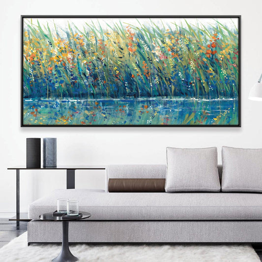 Vibrant Floral Landscape Oil Painting with Reflections in Tranquil Waters