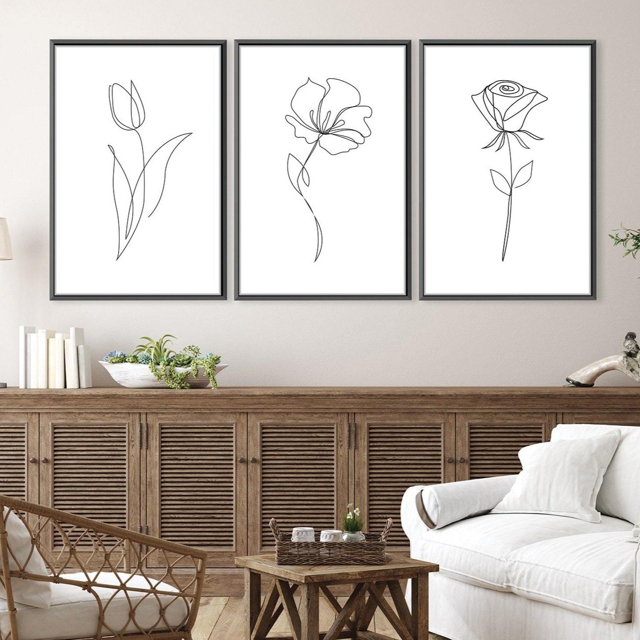 Elegant Floral Line Art Triptych for Modern Home Decor