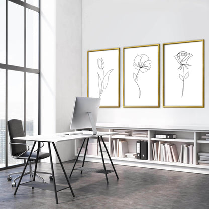 Elegant Floral Line Art Triptych for Modern Home Decor