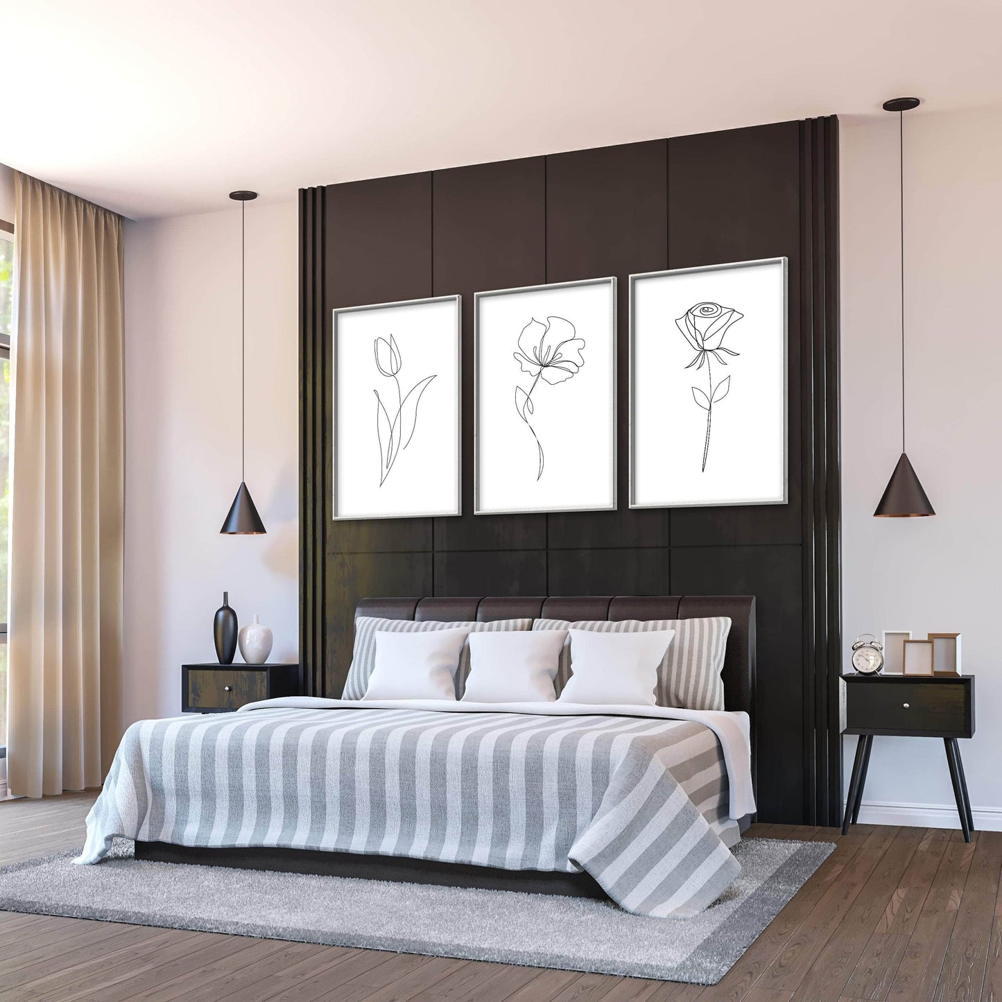 Elegant Floral Line Art Triptych for Modern Home Decor