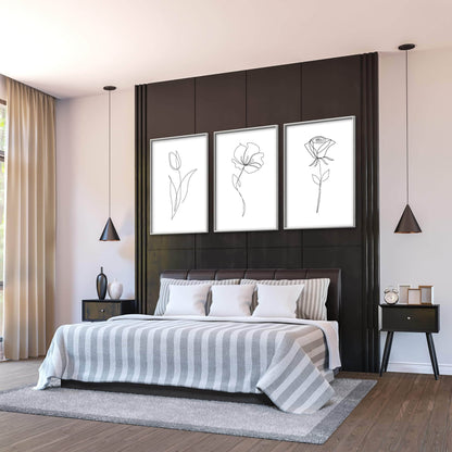 Elegant Floral Line Art Triptych for Modern Home Decor