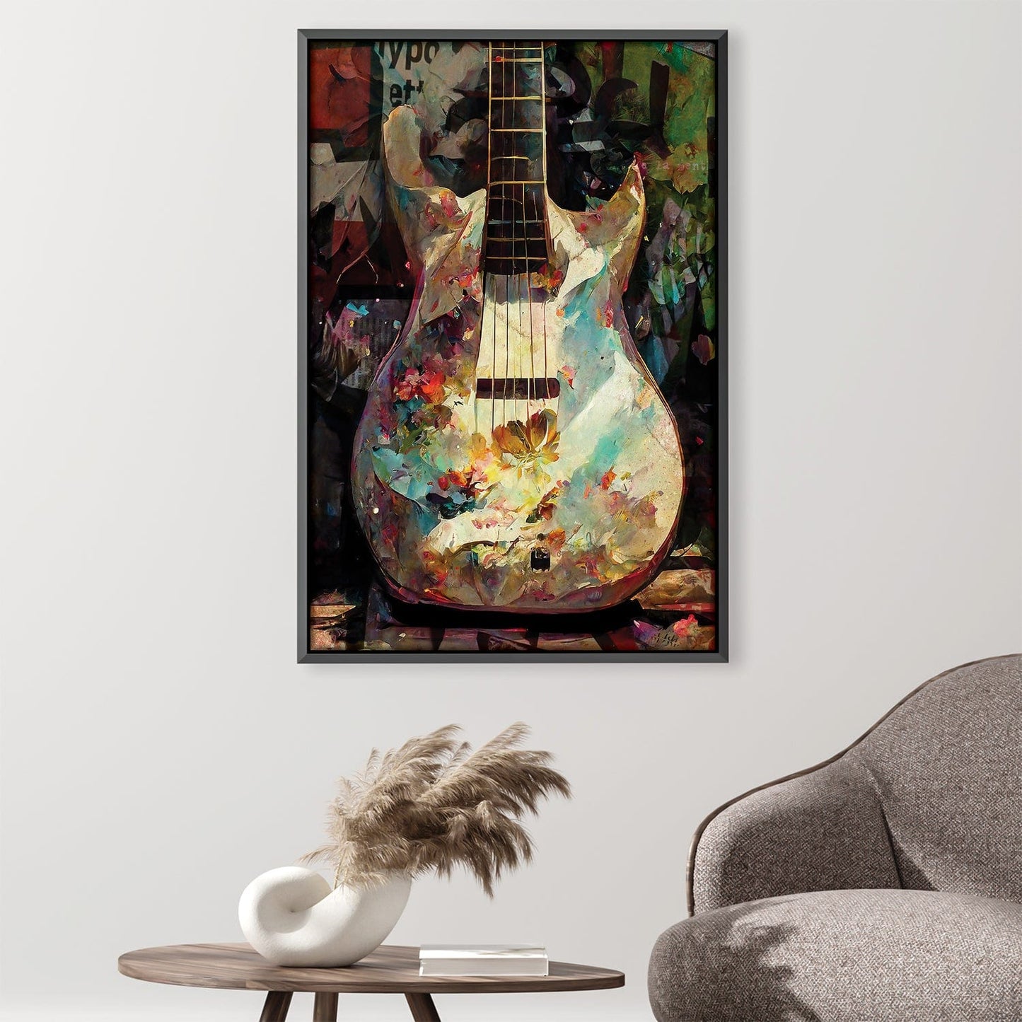 Vibrant Floral Guitar Oil Painting for Home Decor