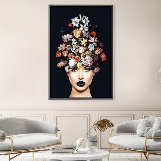 Floral Elegance: A Stunning Oil Painting of a Woman with Flower Crown Decor