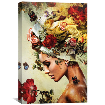 Floral Elegance: Captivating Oil Painting of a Woman Adorned with Blooms and Butterflies