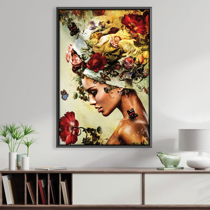 Floral Elegance: Captivating Oil Painting of a Woman Adorned with Blooms and Butterflies
