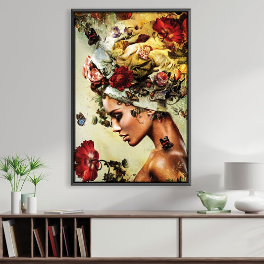 Floral Elegance: Captivating Oil Painting of a Woman Adorned with Blooms and Butterflies