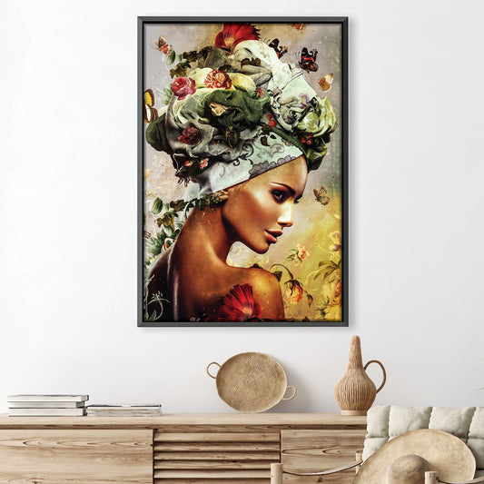Elegant Flower Woman Oil Painting with Vibrant Colors and Nature Elements