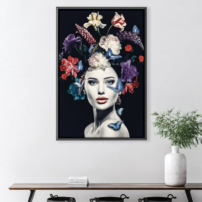 Elegant Flower Woman Oil Painting with Butterflies and Vibrant Flora