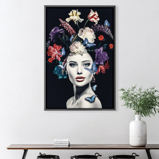 Elegant Flower Woman Oil Painting with Butterflies and Vibrant Flora