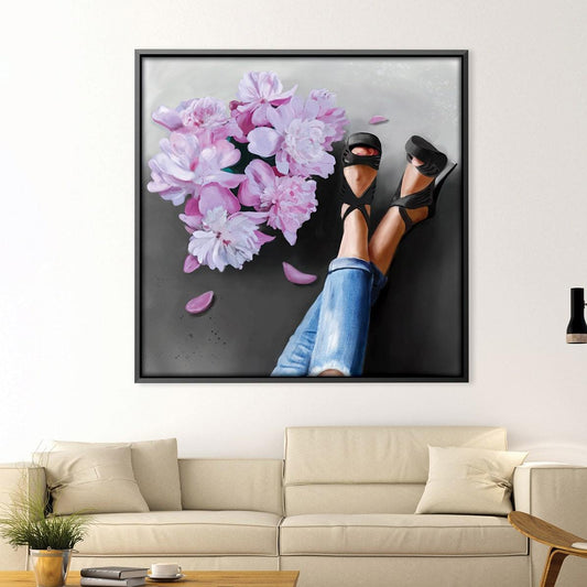 Elegant Heels Among Vibrant Flowers - Modern Oil Painting Home Décor