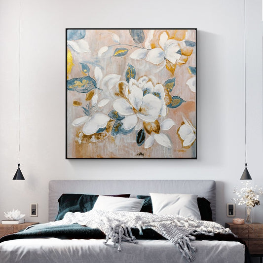 Elegant Floral Oil Painting: White Blooms with Golden Accents for Home Decor