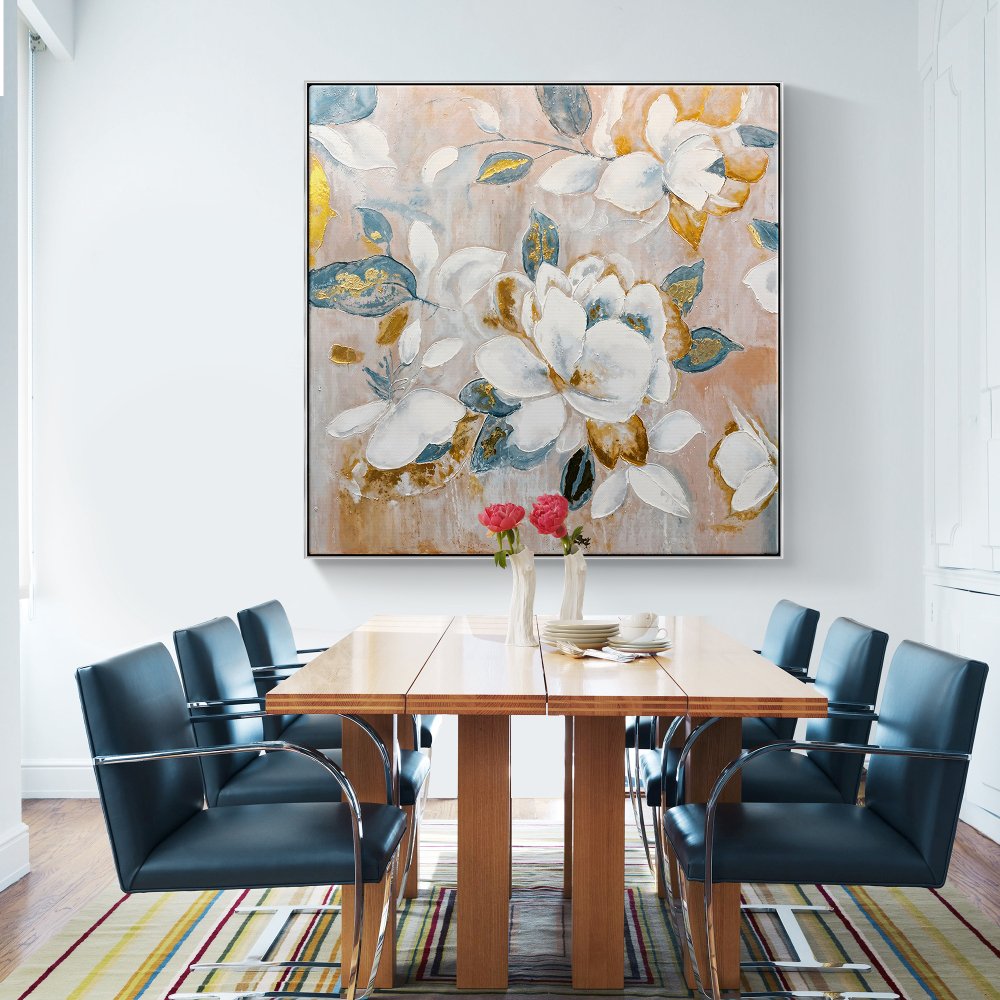 Elegant Floral Oil Painting: White Blooms with Golden Accents for Home Decor