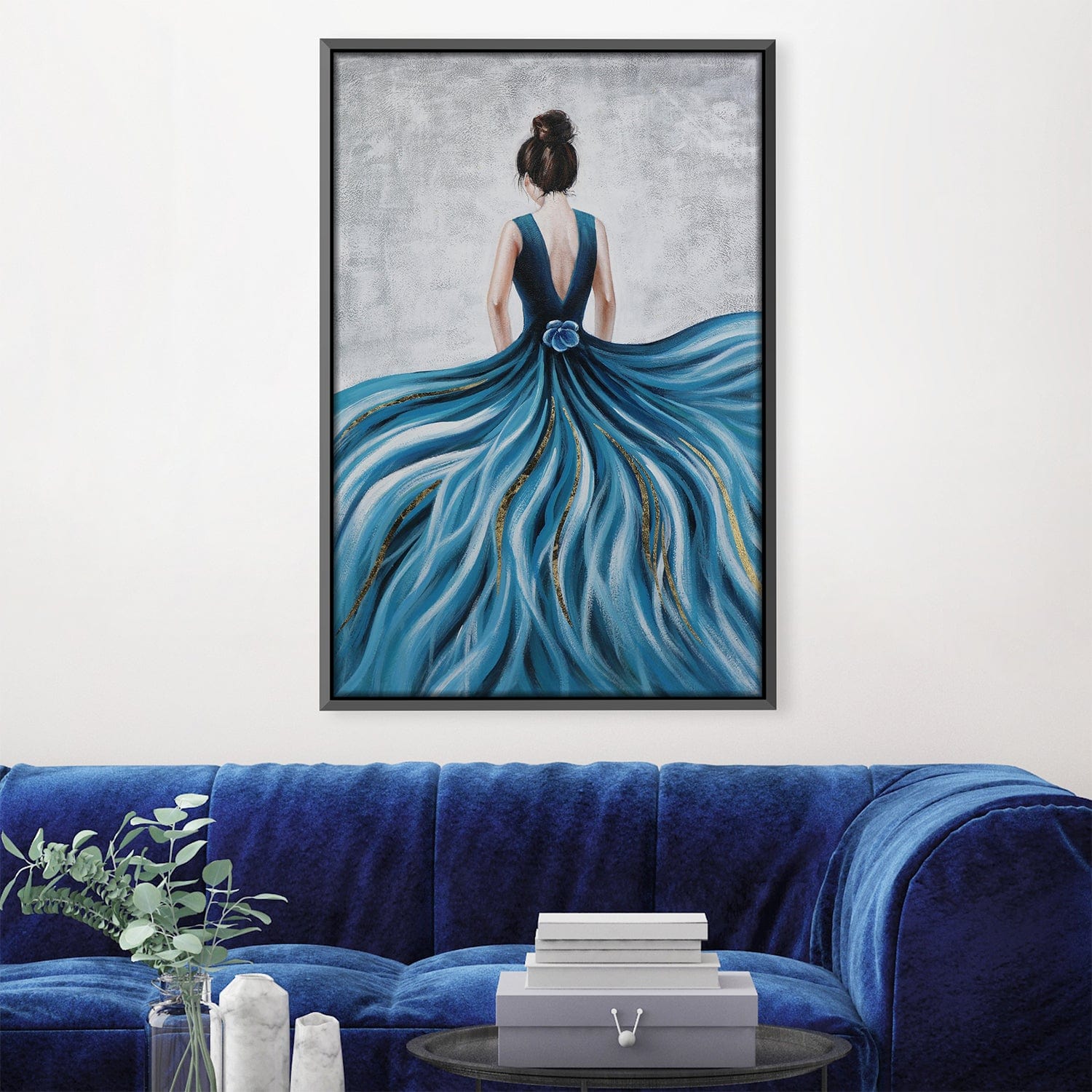 Elegant Woman in Flowing Blue Dress Oil Painting for Stylish Home Déco –  Custom Hues Canvas