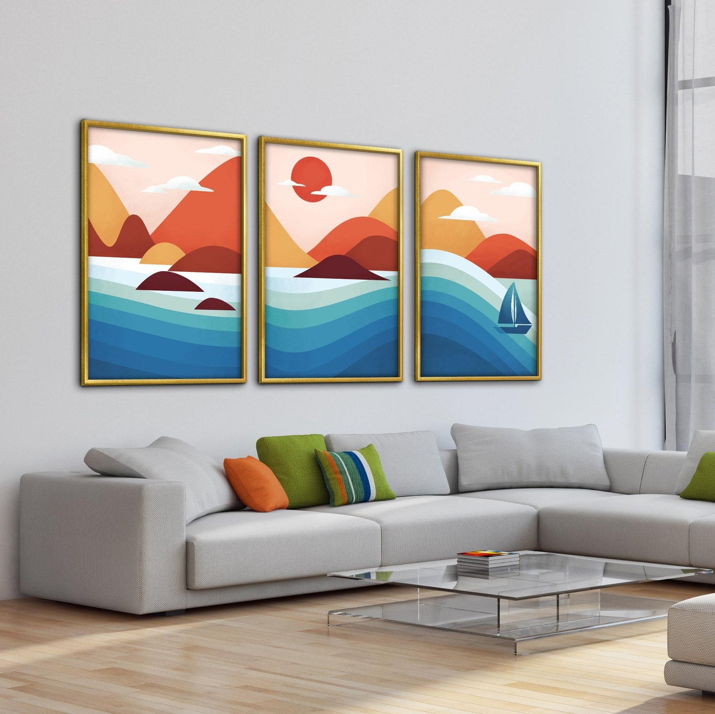 Vibrant Coastal Landscape Oil Painting with Sunset and Sailboat