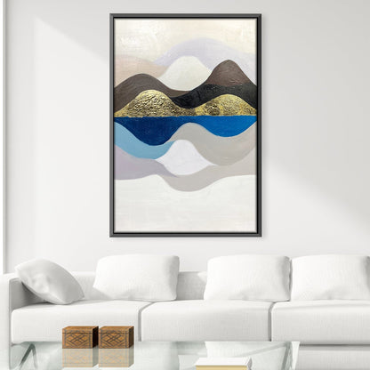 Abstract Mountain Landscape Oil Painting with Gold Accents and Soothing Colors