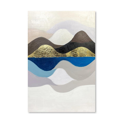 Abstract Mountain Landscape Oil Painting with Gold Accents and Soothing Colors