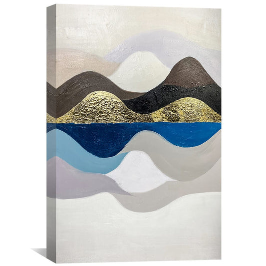 Abstract Mountain Landscape Oil Painting with Gold Accents and Soothing Colors