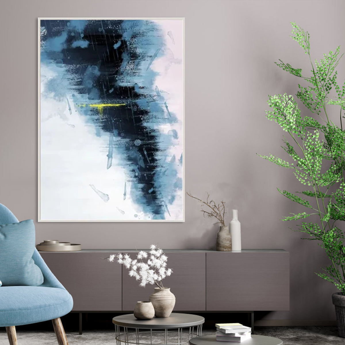 Abstract Blue and Gold Oil Painting for Modern Home Decor