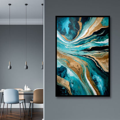 Stunning Abstract Oil Painting in Blue, Teal, and Gold for Modern Décor