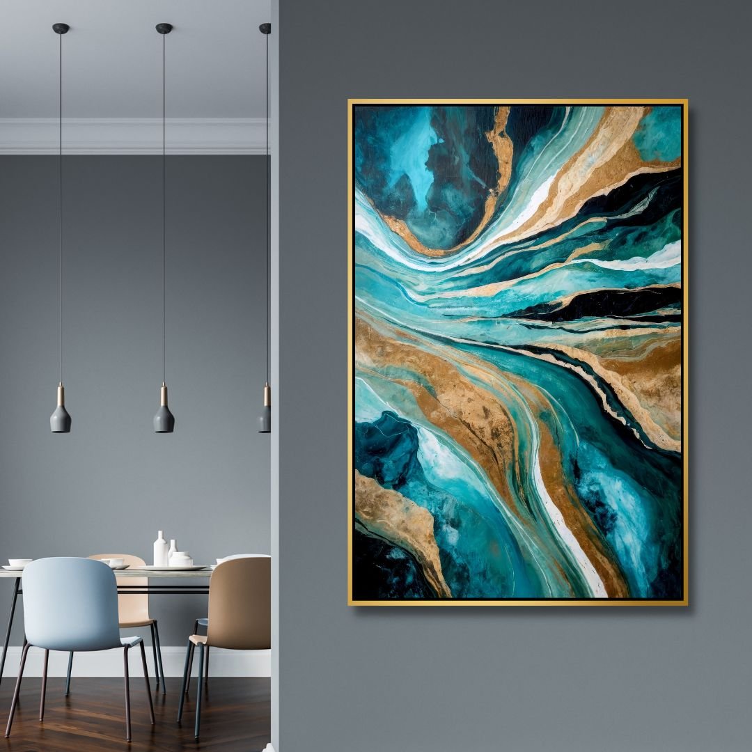 Stunning Abstract Oil Painting in Blue, Teal, and Gold for Modern Décor