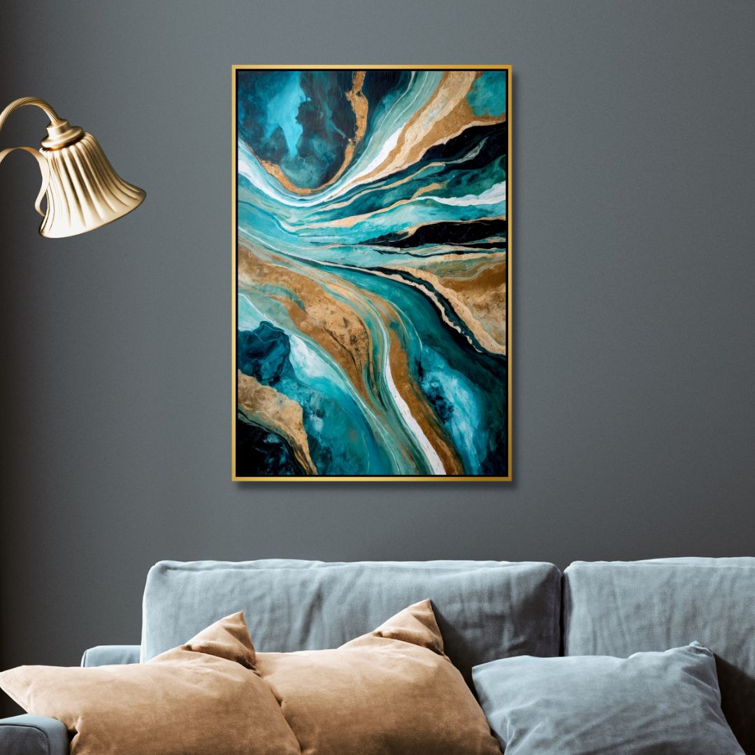 Stunning Abstract Oil Painting in Blue, Teal, and Gold for Modern Décor