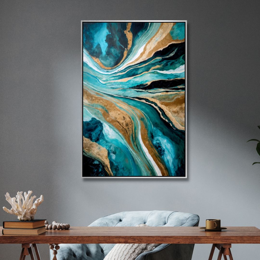 Stunning Abstract Oil Painting in Blue, Teal, and Gold for Modern Décor