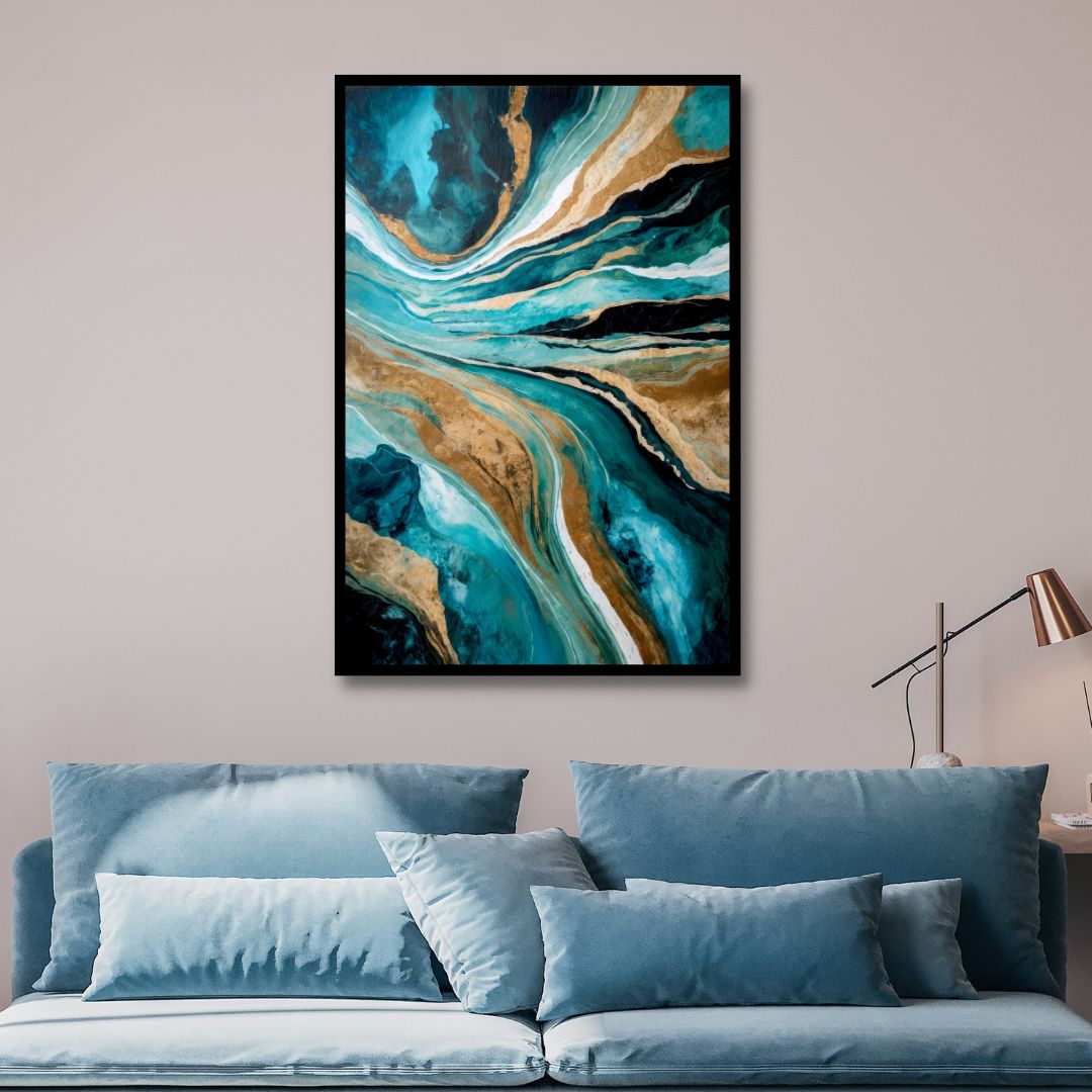 Stunning Abstract Oil Painting in Blue, Teal, and Gold for Modern Décor