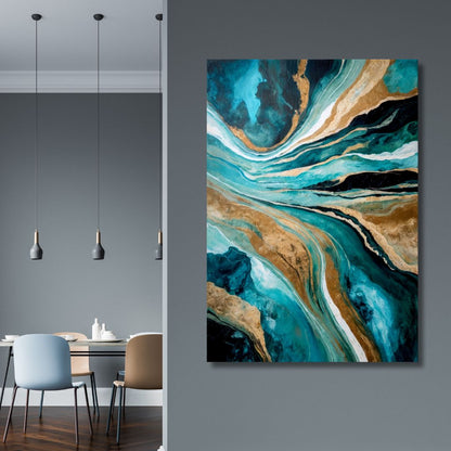 Stunning Abstract Oil Painting in Blue, Teal, and Gold for Modern Décor