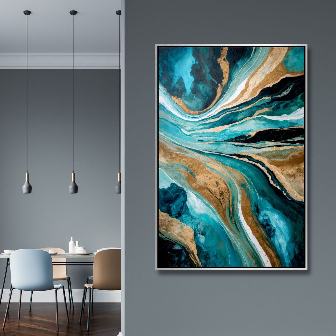 Stunning Abstract Oil Painting in Blue, Teal, and Gold for Modern Décor