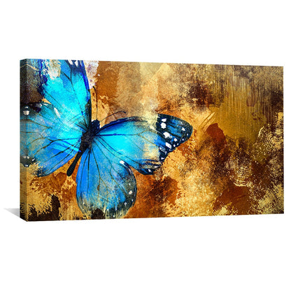 Vibrant Blue Butterfly Flourishing in Golden Abstract Landscape Oil Painting