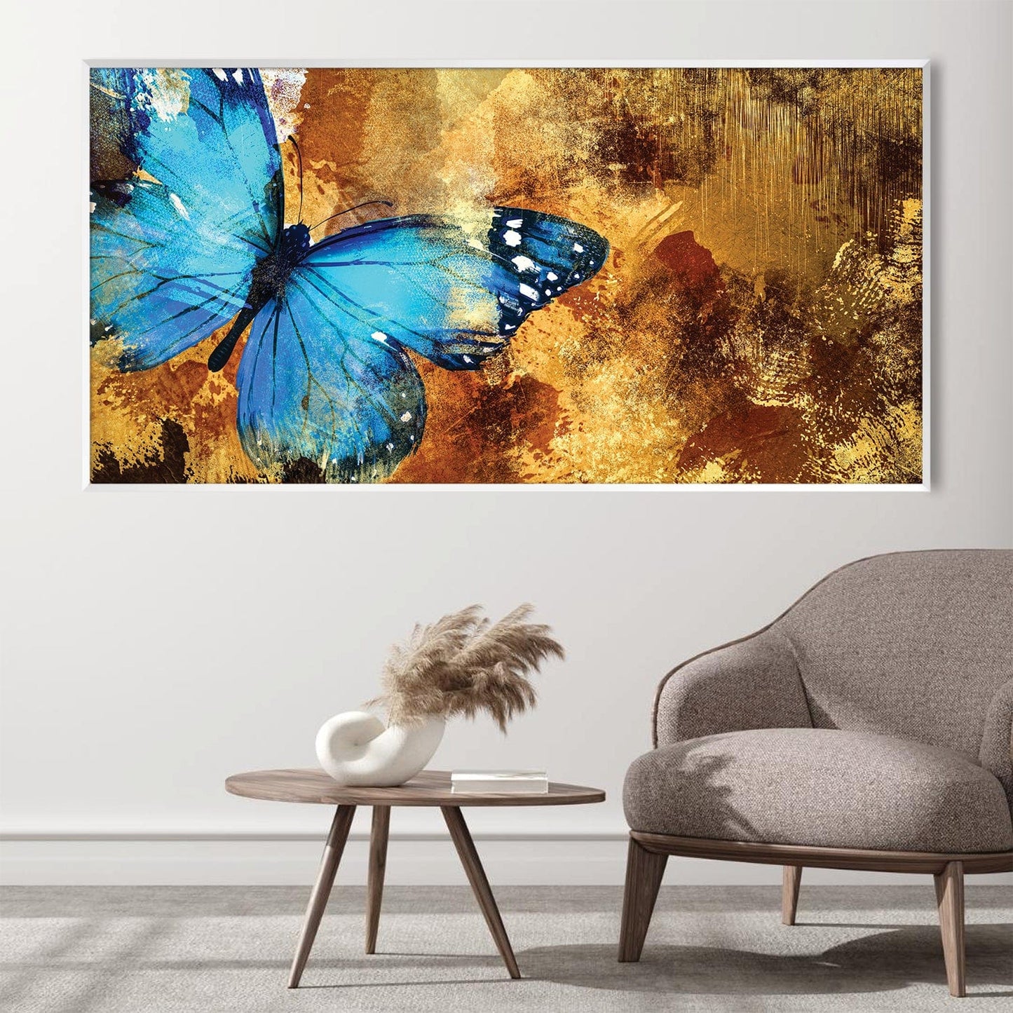 Vibrant Blue Butterfly Flourishing in Golden Abstract Landscape Oil Painting